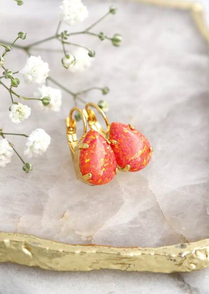 Orange Fire Opal Drop Earrings, Orange Australian Opal Pear Teardrop Earrings, Opal Earrings, Small Leverback Earrings, October Birthstone