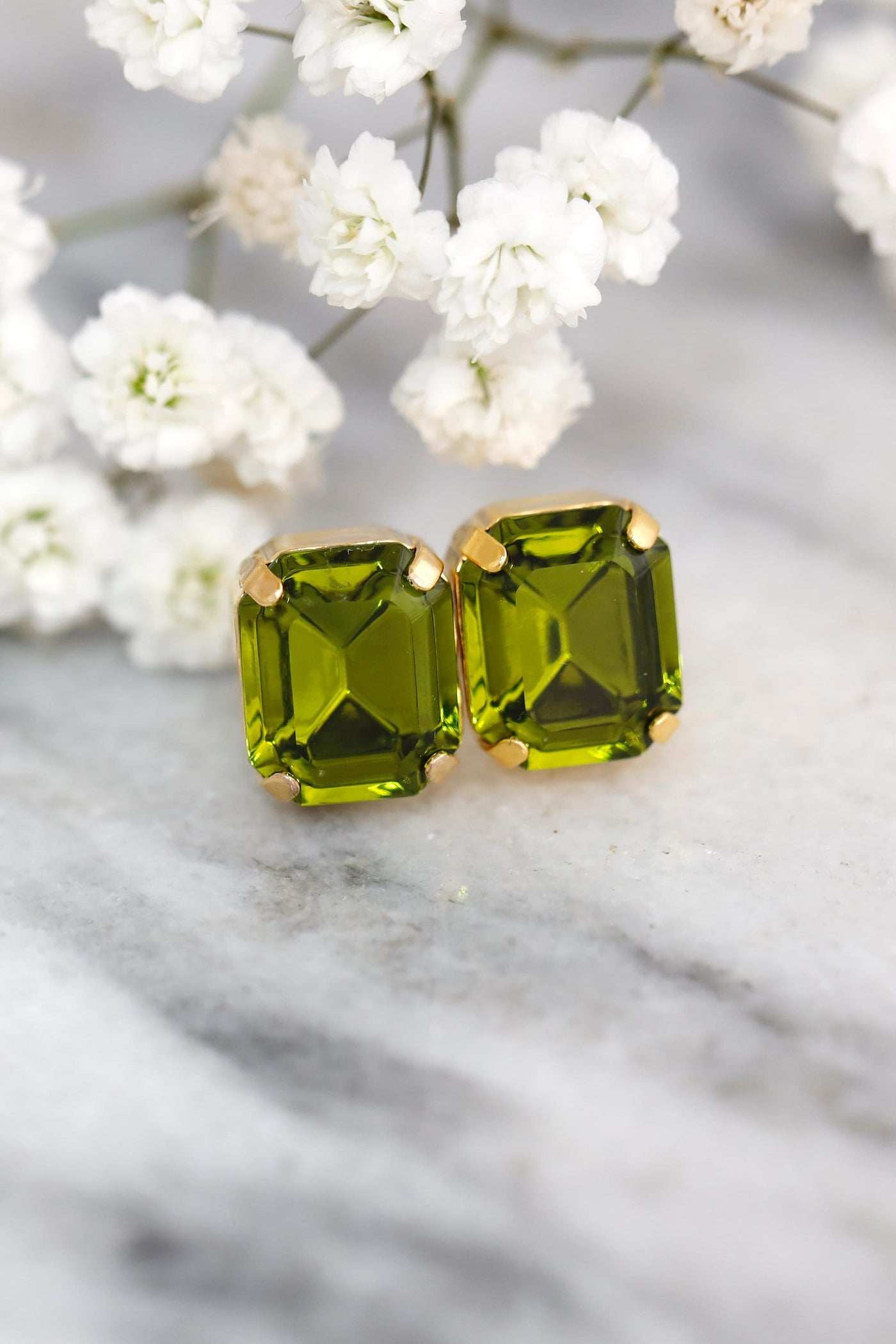 Oliveen Green Stud Earrings, Bridal Green Olive Crystal Earrings, Bridesmaids Earrings, Oliveen Crystal Emerald Cut Earrings, Green Studs