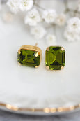 Oliveen Green Stud Earrings, Bridal Green Olive Crystal Earrings, Bridesmaids Earrings, Oliveen Crystal Emerald Cut Earrings, Green Studs