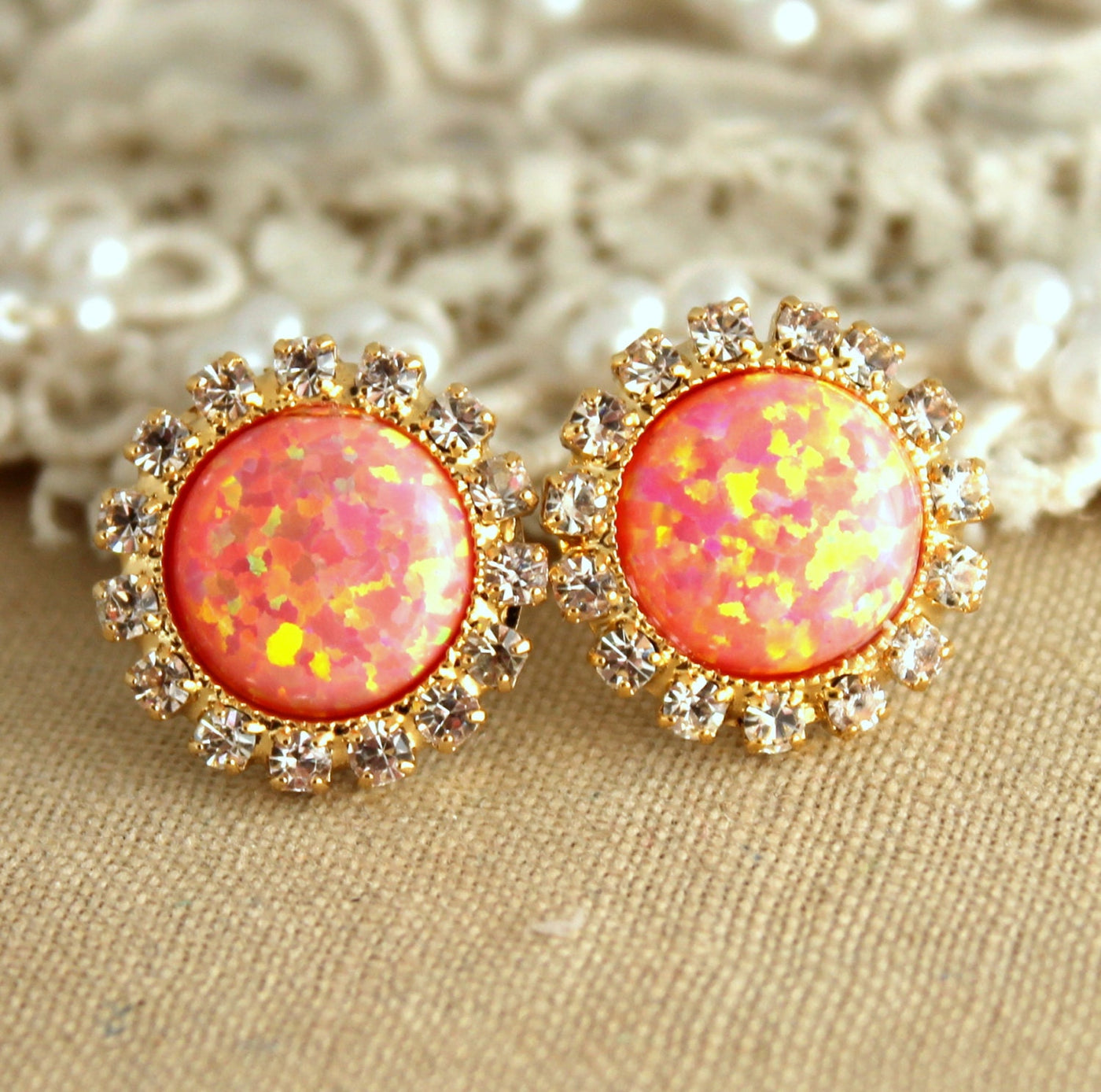 Opal Stud Earrings, Opal Studs, Fire Opal Earrings, Gift For Her, Orange Stud Earrings, Orange Crystal Earrings, Opal Gift For Her