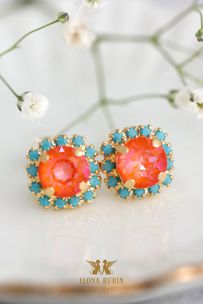 Orange Crystal Stud Earrings, Orange Gold Stud Earrings, Blue Orange earrings, Bridesmaids jewelry, Burnt Orange Crystal Earrings