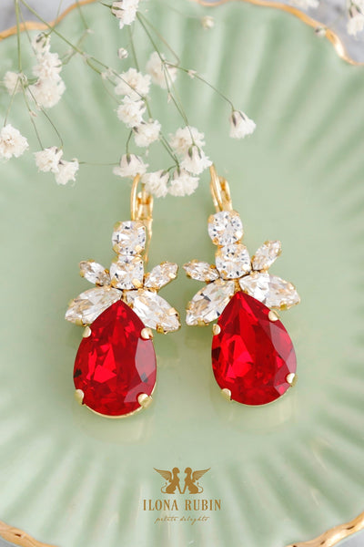 Red Crystal Drop Earrings, Bridal Ruby Red Crystal Earrings, Deep Red Crystal Earrings, Crimson Red Earrings, Gift For Her, Gift For Mom