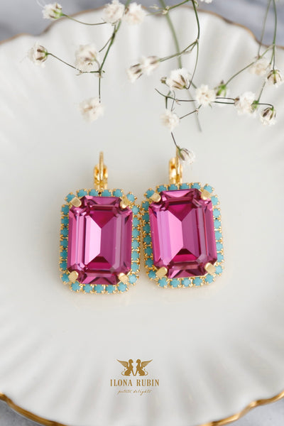 Dark Pink Drop Earrings, Hot Pink Crystal Drop Earrings, Pink Blue Emerlad Cut Earrings, Gift For Woman, Handmade Earrings, Pink Earrings