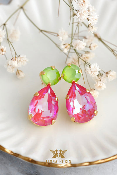 Green Pink Crystal Earrings, Neon Green Pink Crystal Stud Earrings, Summer Pink Earrings, Bridesmaids Green Pink Earrings, Gift For Her