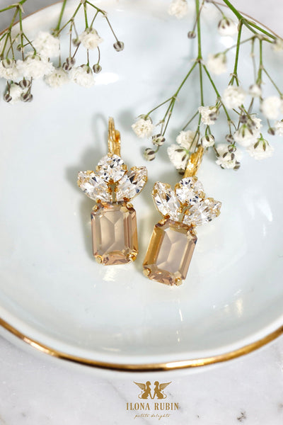 Chamagne Crystal Bridal Drop Bridal Earrings, Light Gold Gold Drop Earrings, Taupe Crystal Earrings, Gift For Her, Light gold Earrings