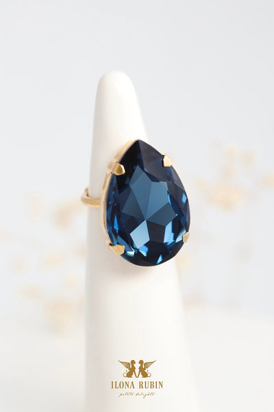 Blue Navy Cocktail Crystal Big Ring, Dark Blue Crystal Statement Ring, Navy Blue Cocktail Ring, Oversize Rhinestone Cocktail Ring