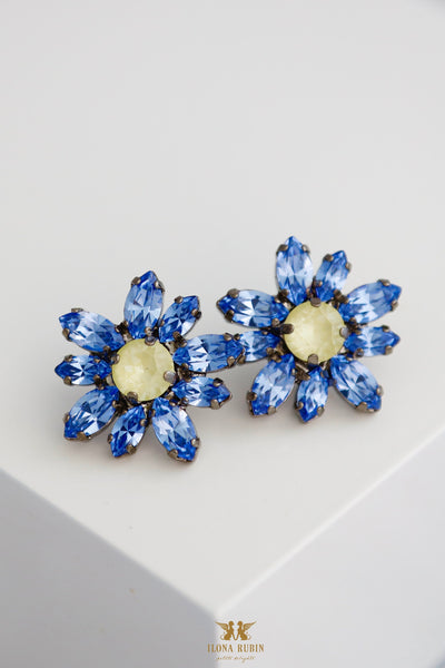 Blue Crystal Earrings, Light Sapphire Blue Earrings, Blue Yellow Crystal Earrings, Flower Crystal Earrings, Bridesmaids Gifts, Gift For Her
