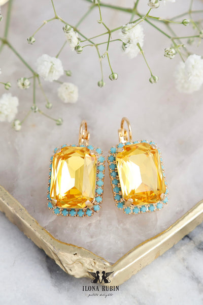 Yellow Drop Earrings, Bridal Yellow Blue Gold Earrings, Sunshine Yellow Earrings, Octagon Crystal Yellow Earrings, Gift For Woman