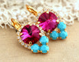 Pink Turquoise Lever Back Crystal Earrings, Hot Pink Earrings, Dark Pink Earrings With Blue Crystals. Austrian Crystallized Fuchsia Crystal Drop Earrings