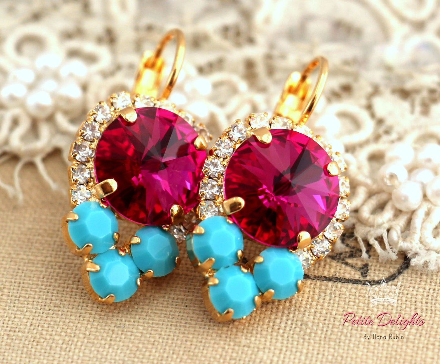 Pink Turquoise Lever Back Crystal Earrings, Hot Pink Earrings, Dark Pink Earrings With Blue Crystals. Austrian Crystallized Fuchsia Crystal Drop Earrings