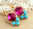 Pink Turquoise Lever Back Crystal Earrings, Hot Pink Earrings, Dark Pink Earrings With Blue Crystals. Austrian Crystallized Fuchsia Crystal Drop Earrings
