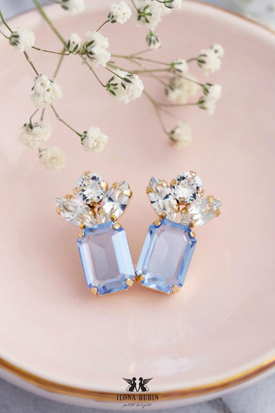 Light Sapphire Crystal Stud Bridal Earrings, Light Blue Classic Stud Earrings, Aquamarine Crystal Drop Earrings, Bridal Blue Earrings