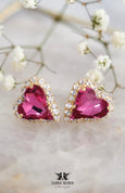Valentine Heart Stud Earrings, Bridal Dark Pink Earrings, Pink Stud Earrings, Valentine Gift For Her, Crystal Heart Earrings, Pink Studs