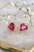 Valentine Heart Stud Earrings, Bridal Dark Pink Earrings, Pink Stud Earrings, Valentine Gift For Her, Crystal Heart Earrings, Pink Studs