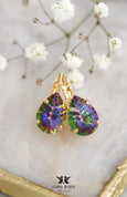 Vitrail Medium Pear Earrings, Teardrop Dark Rainbow, Green Purple Crystal Drop Earrings, Gold Leverback Vitrail Earrings, Gift For Her.
