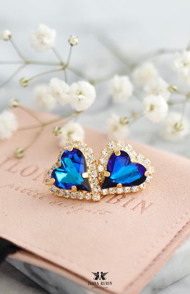 Heart Stud Earrings, Blue Heart Crystal Stud Earrings, Blue Stud Earrings, Valentine's Gift For Her, Crystal Heart Earrings, Blue Studs