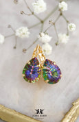 Vitrail Medium Pear Earrings, Teardrop Dark Rainbow, Green Purple Crystal Drop Earrings, Gold Leverback Vitrail Earrings, Gift For Her.