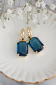 Blue Navy Earrings, Sapphire Blue Crystal Huggie Earrings, Bridal Crystal Hoops, Vintage-Inspired Dark Blue Drop Earrings, Blue Earrings
