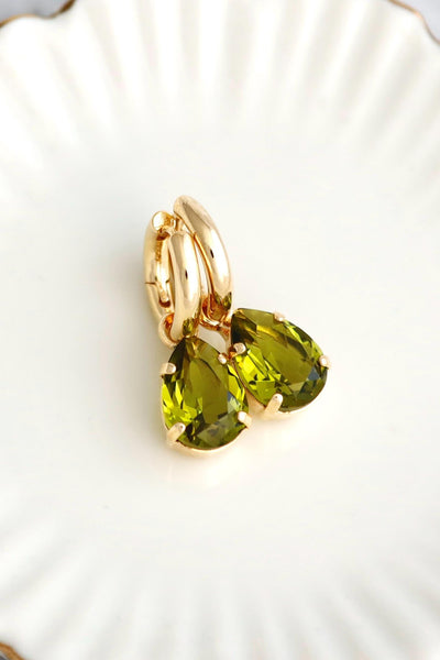 Green Olive Earrings, Olivin Green Crystal Huggie Earrings, Bridal Crystal Hoops, Everyday Green Drop Earrings, Hoop Green Dangle Earrings