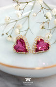 Valentine Heart Stud Earrings, Bridal Dark Pink Earrings, Pink Stud Earrings, Valentine Gift For Her, Crystal Heart Earrings, Pink Studs