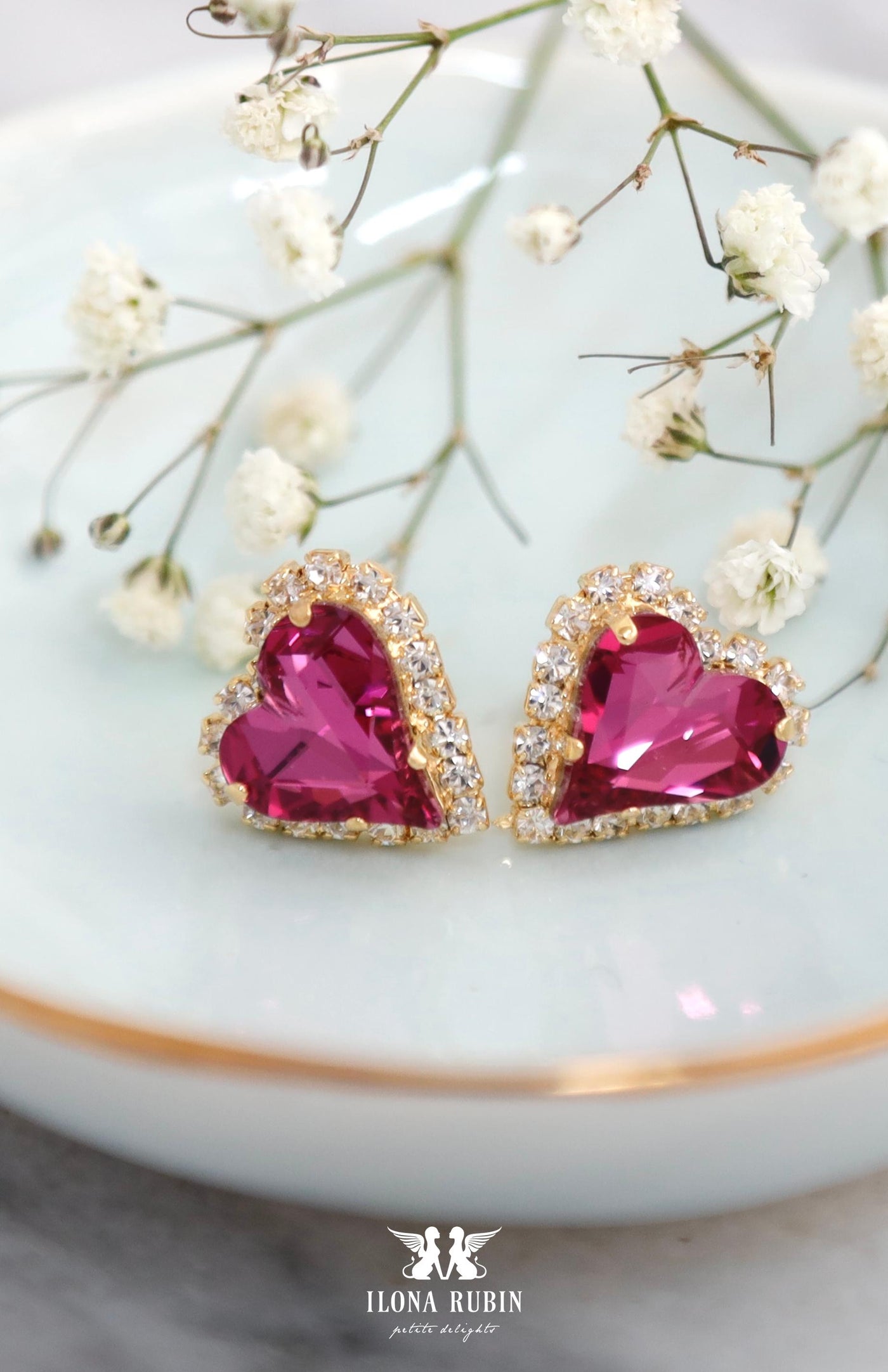 Valentine Heart Stud Earrings, Bridal Dark Pink Earrings, Pink Stud Earrings, Valentine Gift For Her, Crystal Heart Earrings, Pink Studs