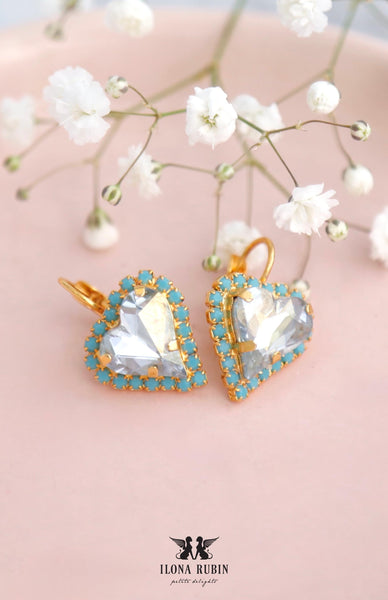 Heart Earrings, Dusty Blue Crystal Earrings, Bridal Dusty Blue Earrings, Heart Drop Earrings, Bridesmaids Earrings, Valentines Gift For Her