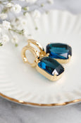 Blue Navy Earrings, Sapphire Blue Crystal Huggie Earrings, Bridal Crystal Hoops, Vintage-Inspired Dark Blue Drop Earrings, Blue Earrings