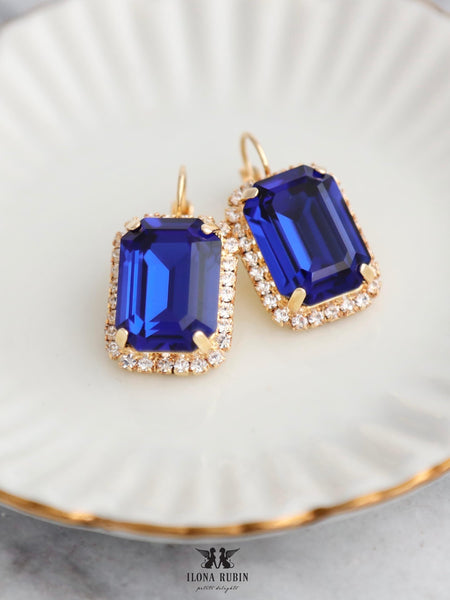 Dark Sapphire Earrings, Bridal Sapphire Drop Earrings, Dark Blue Crystal Earrings, Octagon Crystal Sapphire Earrings, Royal Blue Earrings