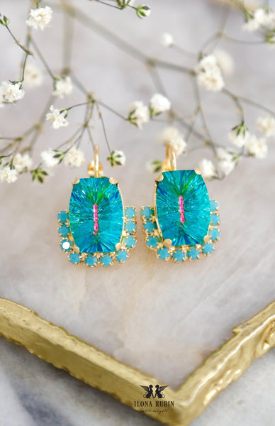 Turquoise Aqua Blue Art Deco Earrings, Turquoise Crystal Drop Earrings, Ocean Blue Handmade Earrings, Bridesmaids Earrings, Gift For Her