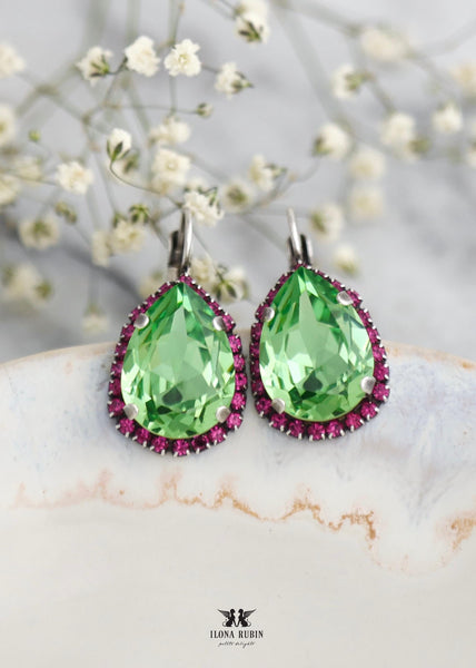 Peridot Green Earrings, Light Green Lever Back Earrings, Green Pink Drop Earrings, Gift For Her, Peridot Green Glow Drop Earrings