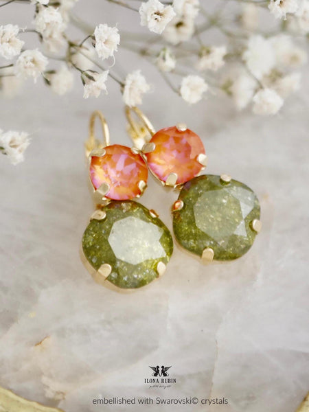 Orange Green Earrings, Olive Orange Drop Earrings, Green Olive Jewelry, Orange Crystal Earrings, Handmade Gift For Her, Green Drop Earrings