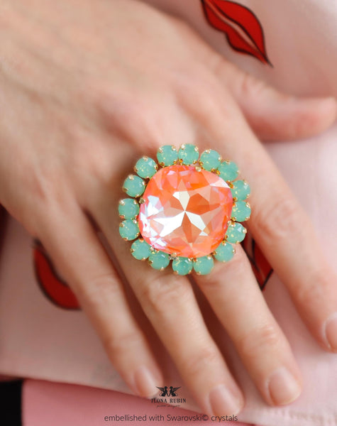 Orange Green Cocktail Crystal Ring, Green Orange Statement Crystal Ring, Statement Crystal Ring, Adjustable Cocktail Orange Ring, Gift For