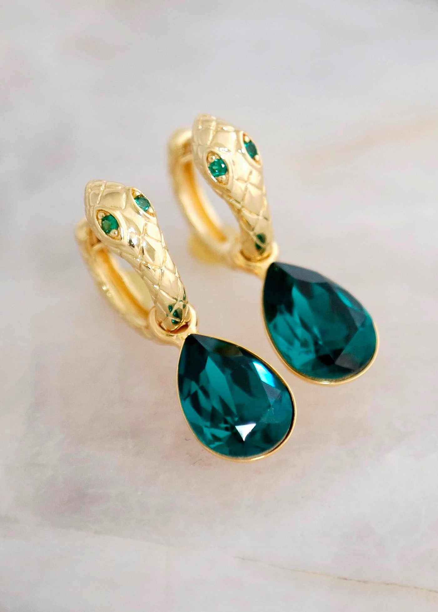 Snake Crystal Drop Dangle Earrings, Emerald Green Crystal Gold Huggie Earrings, Gold Snake Earrings, Everyday Earrings, Hoop Green Earrings