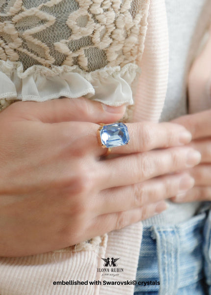 Blue Cocktail Statement Crystal Ring, Aquamarine Cocktail Ring, Light Blue Cocktail Ring, Emerald Cut Blue Ring, Gift For Her.