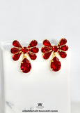 Red Crystal Bow Dangle Earrings, Swarovski Embellished Red Ruby Drop Earrings, Bridal Scarlet Statement Chandelier Earrings, Gift for Her