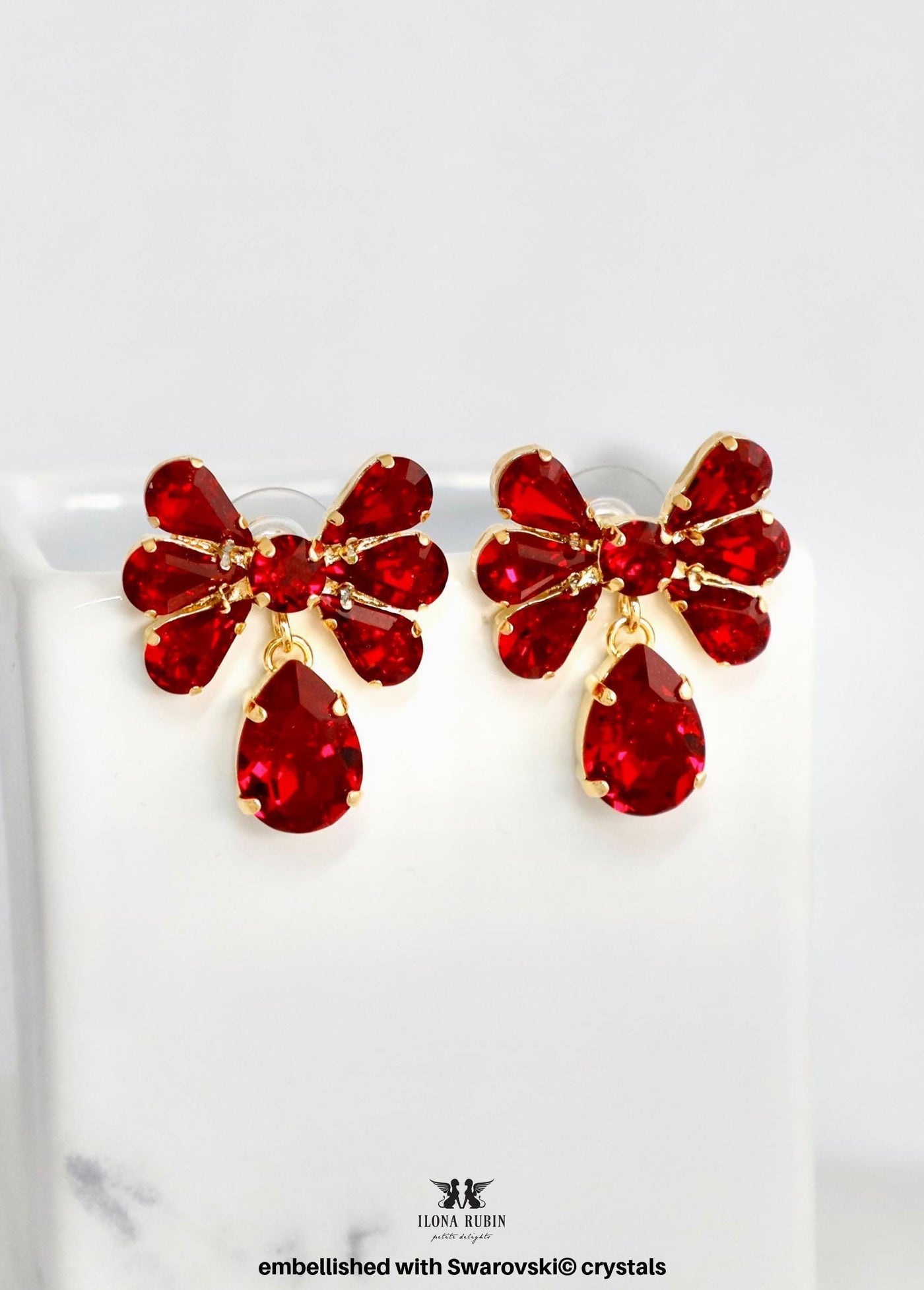 Red Crystal Bow Dangle Earrings, Swarovski Embellished Red Ruby Drop Earrings, Bridal Scarlet Statement Chandelier Earrings, Gift for Her