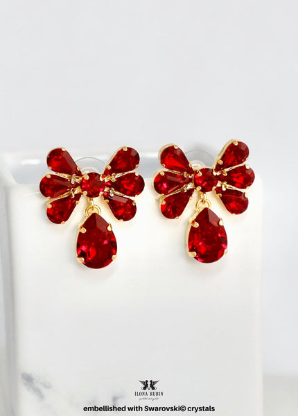 Red Crystal Bow Dangle Earrings, Swarovski Embellished Red Ruby Drop Earrings, Bridal Scarlet Statement Chandelier Earrings, Gift for Her
