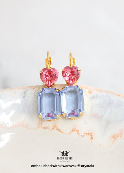 Red Blue Stud Bridal Earrings, Light Blue Red Heart Stud Earrings, Heart Stud Earrings, Bridal Blue Earrings, Gift for Her, Heart Earrings