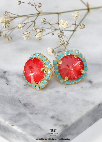 Poppy Red Stud Earrings, Red Blue Crystal Earrings, Gift for Her, Poppy Red Embellished With Swarovski Crystals Stud, Gift For Her
