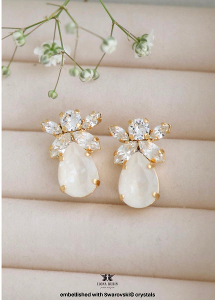 White Linen Bridal Stud Crystal Earrings, White Crystal Embellished Swarovski Crystal Earrings, Powder White Wedding Earrings, Gift For Her
