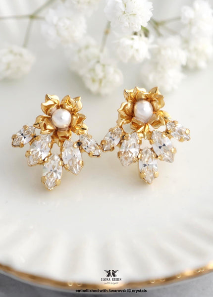 Bridal Pearl Stud Earrings, White Pearl Crystal Embellished Swarovski Stud Earrings, Handmade Bridal Pearl Earrings, Pearl Stud Earrings