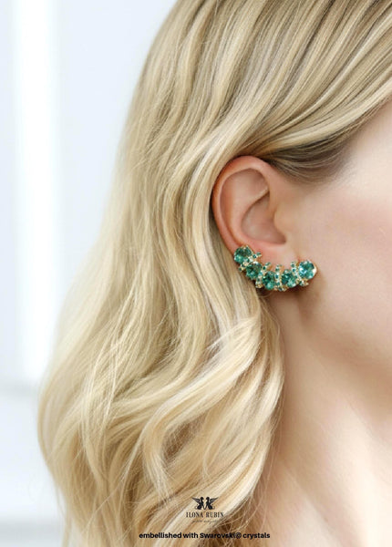 Green Crystal Clip On Earrings, Handmade Eirinite Green Clip On Ear Crawlers, Gift for Her, Crystal Gold Green Ear Climber, Clip On Earrings