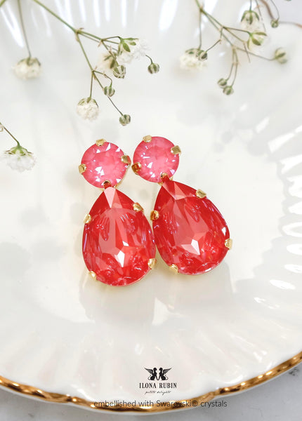 Pink Red Crystal Stud Earrings, Poppy Red Pink Dahlia Earrings, Red Stud Handmade Earrings, Bridesmaids Earrings, Pink Red Jewelry