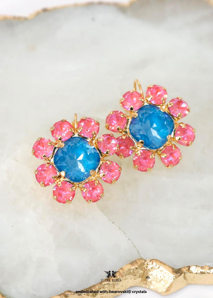 Blue Pink Crystal Earrings, Pink Blue Flower Drop Earrings, Blue Crystal Lever Back Earrings, Gift For Her, Bridesmaids Jewelry