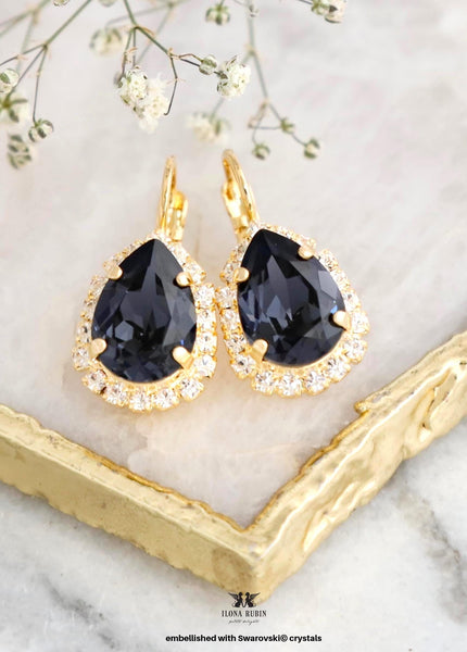 Black Gold Earrings, Black Crystal Drop Earrings, Black Lever Back Embellished with Swarovski Crystals Earrings, Bridesmaids Earrings