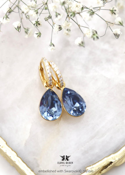 Blue Denim Crystal Earrings, Bridal Blue Crystal Huggie Earrings, Bridesmaids Blue Navy Earrings, Bridal Blue Studs, Gift For Her