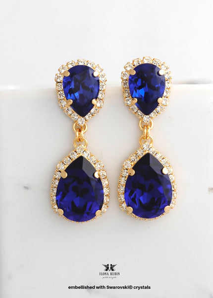Dark Sapphire Long Earrings, Dark Blue Sapphire Chandelier Earrings. Dark Blue Bridal Chandelier Embellished with Swarovski Crystal Earrings