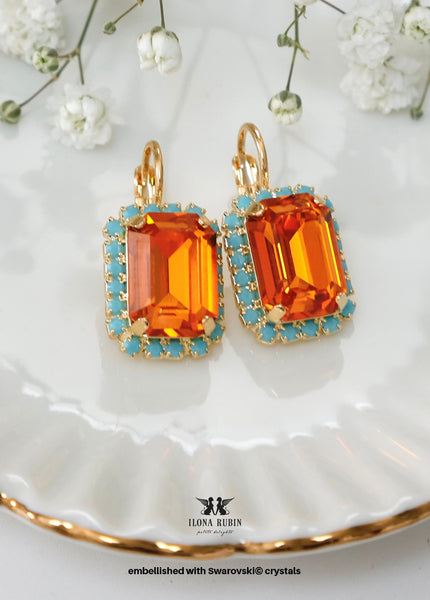 Orange Crystal Lever Back Drop Earrings, Swarovski Embellished Orange Turquoise Crystal Earrings, Emerald Cut Orange Earrings, Gift for Her