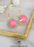 Pink Turquoise Crystal Lever Back Drop Earrings, Pink Dahlia Swarovski Embellished Crystal Earrings, Pink Dahlia Drop Crystal Earrings