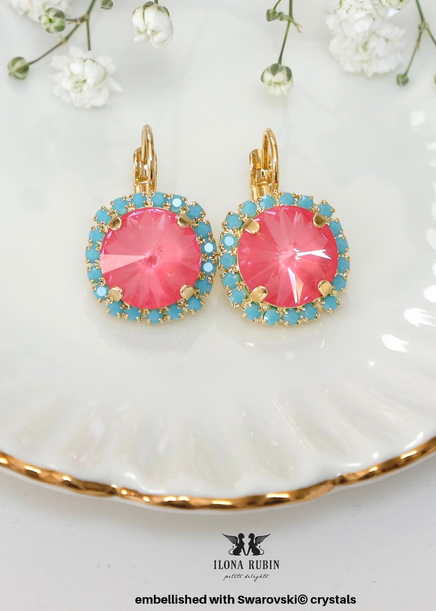 Pink Turquoise Crystal Lever Back Drop Earrings, Pink Dahlia Swarovski Embellished Crystal Earrings, Pink Dahlia Drop Crystal Earrings